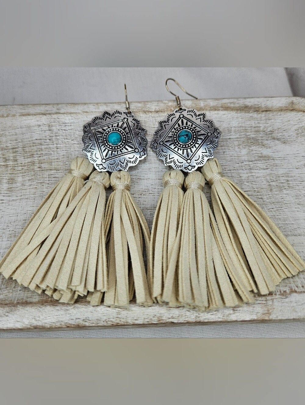 Western Concho Tassel Earrings Suede Fringe Turquoise Silver Boho Dangle 4.5”